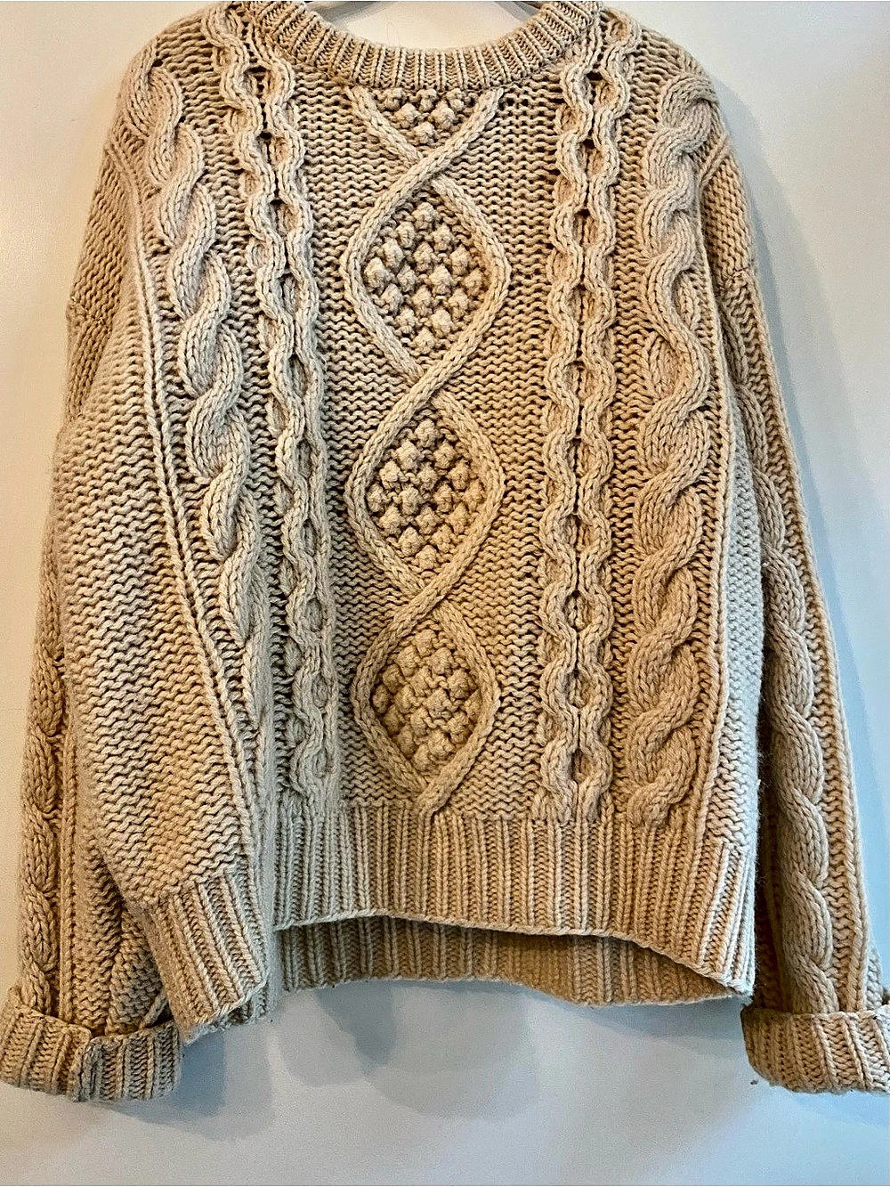 Wool Cable Knit Crewneck Fisherman’s Sweater in Cream